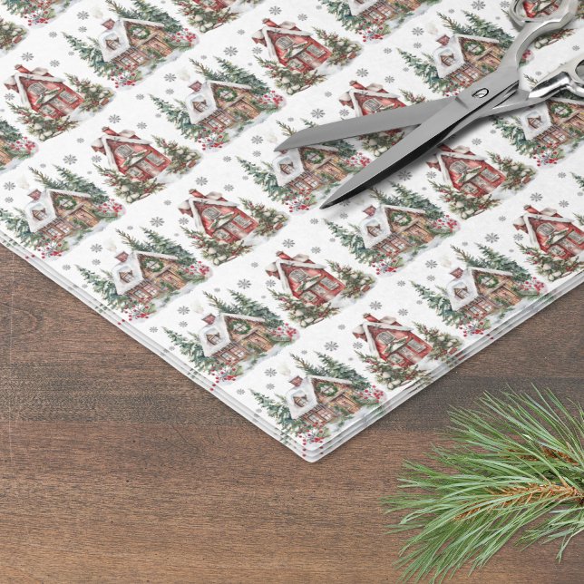 Papel De Seda FesWinter Cabine Watercolor Natal (Festive Winter Cabin Watercolor Christmas Tissue Paper)