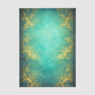 Papel De Seda Filigrama Dourada, Fundo Azul-Verde EZ7 Decoupage