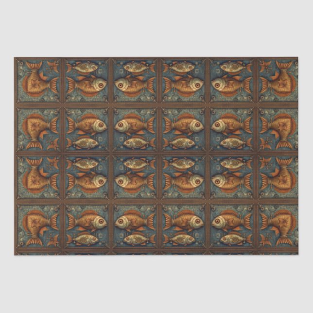 Papel De Seda Fishes Steampunk Verde e Ouro castanho (Frente )