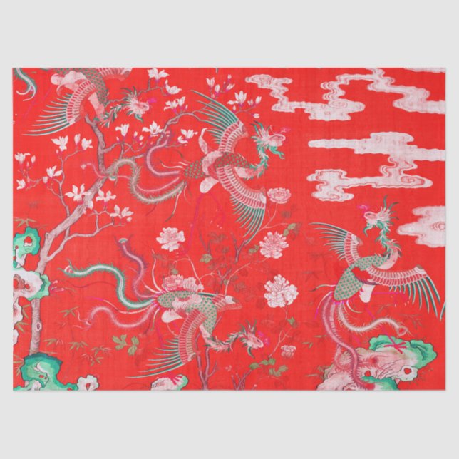 Papel De Seda Five Phoenixes in Garden Chinese Red Floral  (Frente )