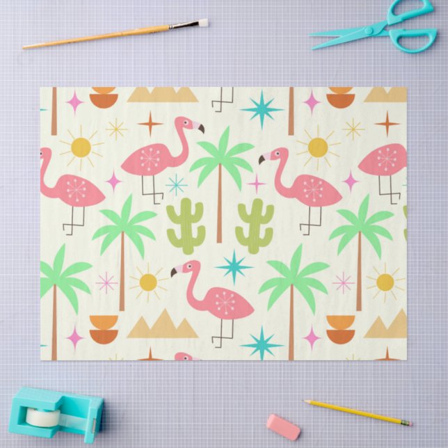 Papel De Seda Flamingo com Árvores no Estilo Mid Century Palm Sp (Arte )