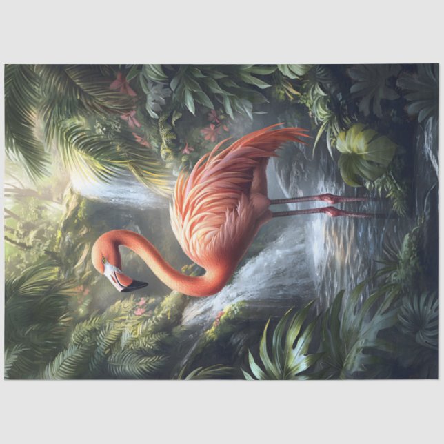 Papel De Seda Flamingo e Cachoeira na Selva Decoupage (Frente )