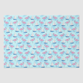 Papel De Seda Flamingo Rosa e Velero Azul Costeiro Préppy