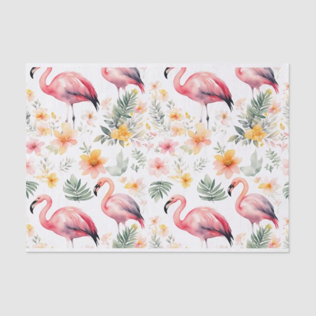 Papel De Seda Flamingo Rosa Padrão de Verão em Aquarela (Frente )