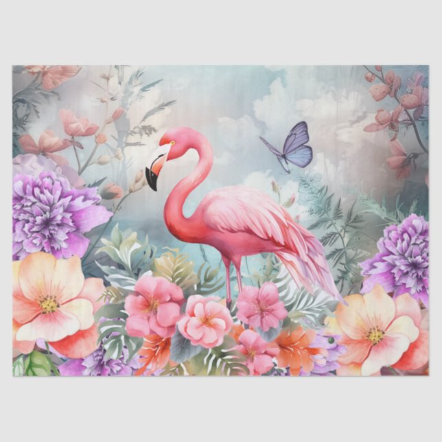 Papel De Seda Flamingo Rosa Tropical e Florestas de Aquarela (Frente )
