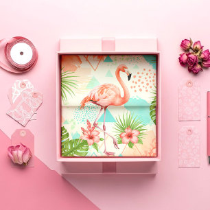 Papel De Seda Flamingo Tropical Aquarela e Padrão Geométrico
