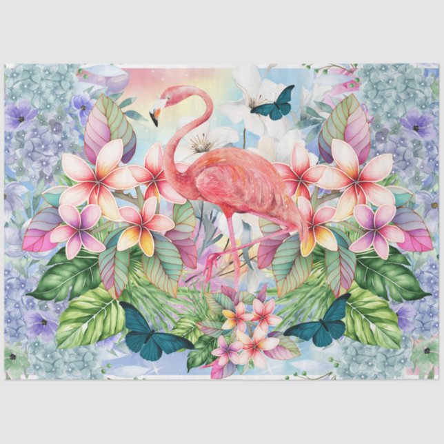 Papel De Seda Flamingo Tropical e Florestas de Aquarela (Frente )