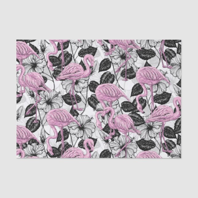 Papel De Seda Flamingos e flores de hibisco (Frente )