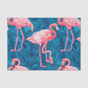 Papel De Seda Flamingos em folhas de bananas azuis