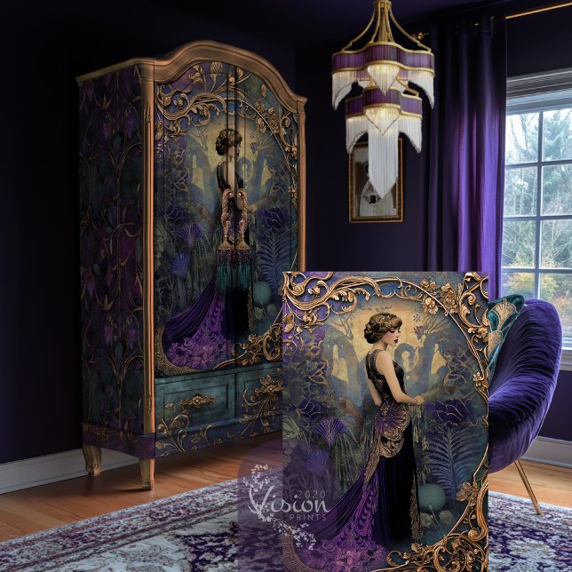 Papel De Seda Flapper Adore Roaring 20's Nouveau Portrait (Flapper Adore, Roaring 20's, Moody Purple, Gilded Nouveau Frame decoupage tissue paper.)