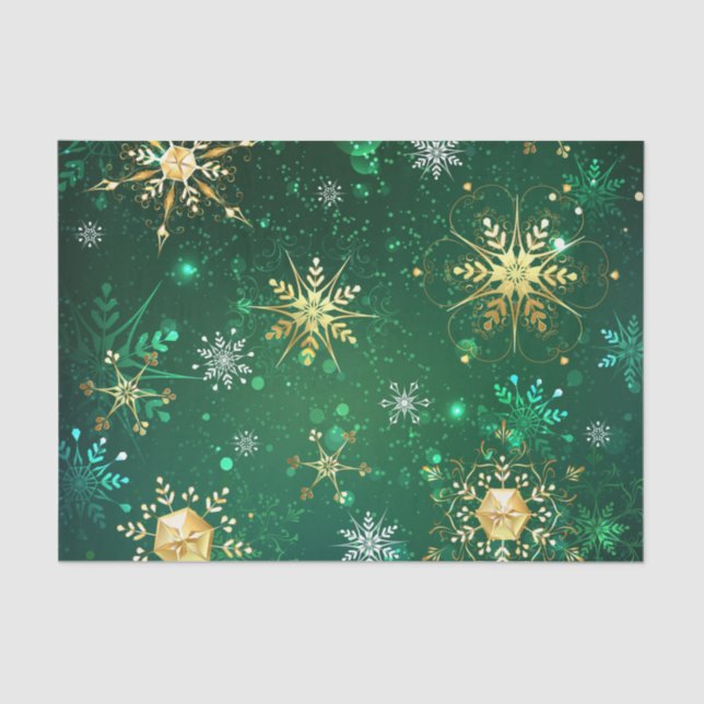 Papel De Seda Flocos de neve do Ouro Xmas em fundo verde (Frente )