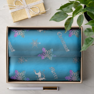 Papel De Seda Flocos de neve e renas de Natal Azul Luxe
