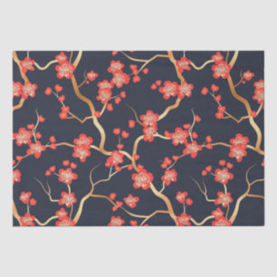 Papel De Seda Flor de Ameixa Carmesim Dourado Bronze Azul Floral