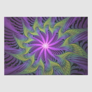 Papel De Seda Flor de Arte Fractal Abstrata Moderna Roxa Verde