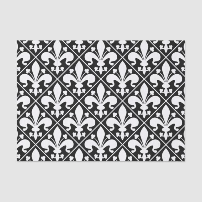 Papel De Seda Flor de lis preto e branco elegante (Frente )