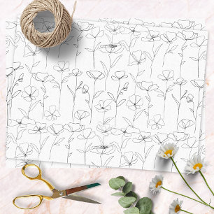 Papel De Seda Flor de Papoula Preto e Branco Floral Minimalista