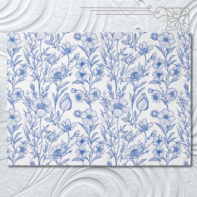 Papel De Seda Flor Selvagem de Chinoiserie Azul e Branco (Criador carregado)