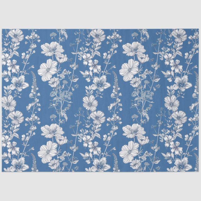 Papel De Seda Flor Selvagem de Chinoiserie Azul e Branco (Frente )