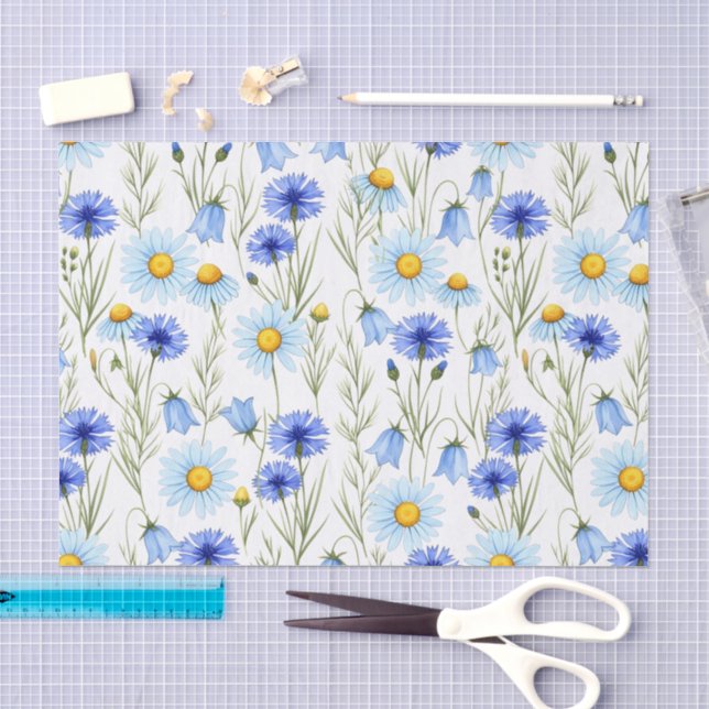 Papel De Seda Flor Silvestre Aquarela Azul (Arte )