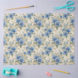 Papel De Seda Florais Elegantes em Azul e Branco Inspirados no V