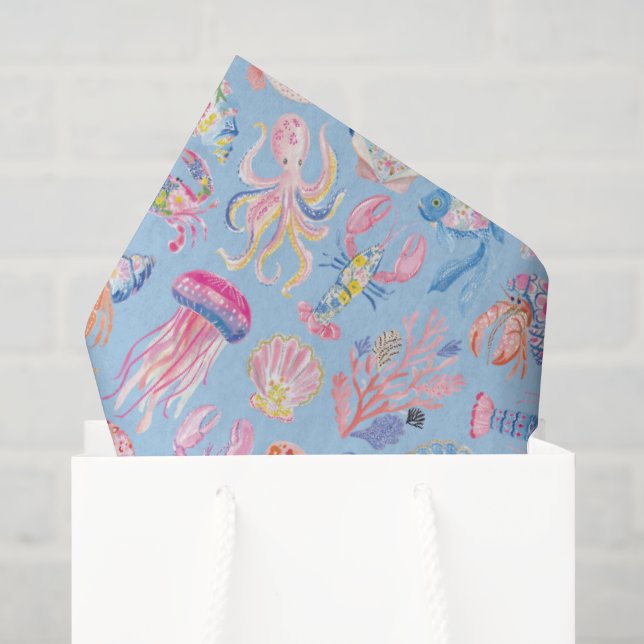 Papel De Seda Florais Préppy Oceano Vida Marinha (Sacola de presentes)
