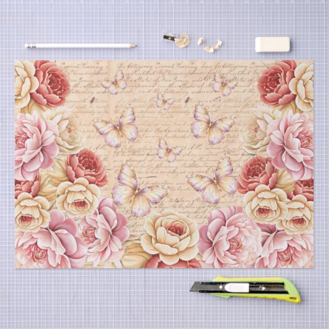 Papel De Seda Florais Românticos Elegantes & Borboletas Decoupag (Arte )