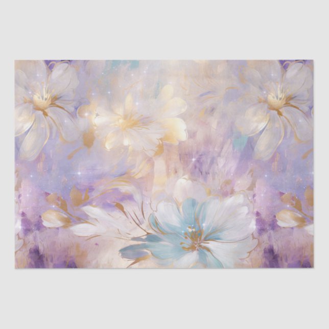 Papel De Seda Floral Azul Púrpura Dourado Branco (Frente )