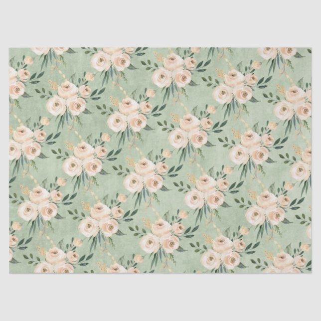 Papel De Seda Floral Beige Blush sobre Casamento Verde (Frente )
