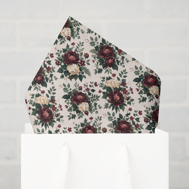 Papel de Seda Floral Borgonha, Flores Decoupage (Sacola de presentes)