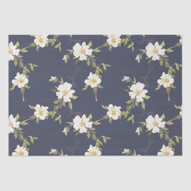 Papel De Seda Floral Branco Azul marinho (Frente )