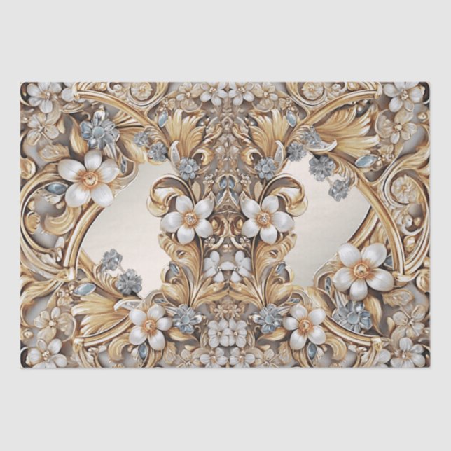 Papel de Seda Floral Branco Dourado Decorativo (Frente )