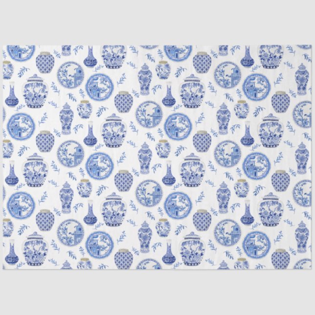 Papel De Seda Floral branco e azul-chinês - Jars Ginger (Frente )
