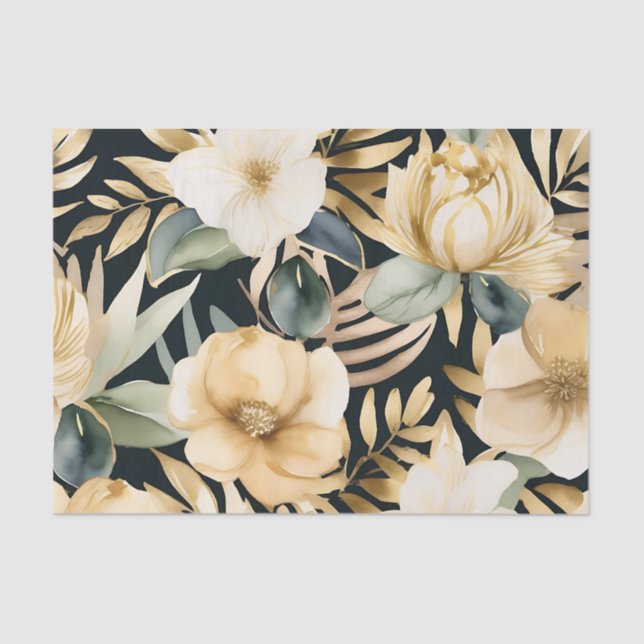 Papel De Seda Floral branco e Dourado luxuoso (Frente )