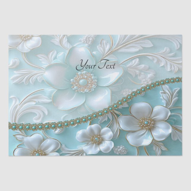 Papel de Seda Floral Branco Turquesa (Frente )