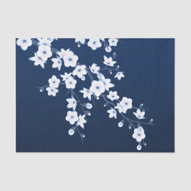 Papel De Seda Floral Cereja Brilhante Azul Escuro Branco (Frente )