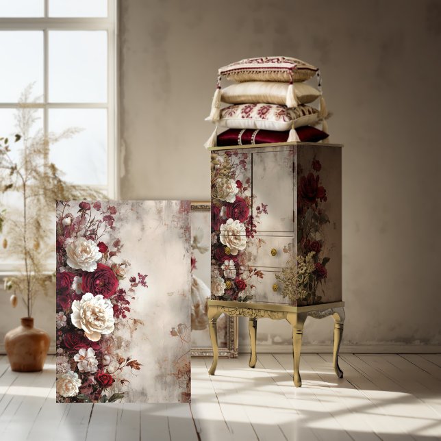 Papel De Seda Floral, Chic Francês, Rosas e pedonia (Burgundy Red & Beige White, Romantic, Shabby Chic, Roses & Peony, Tattered Floral, Decoupage Paper)