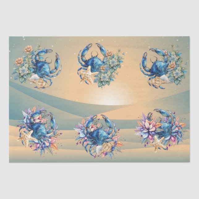 Papel De Seda Floral Costeiro de Praia Caranguejo Azul e Conchas (Frente )