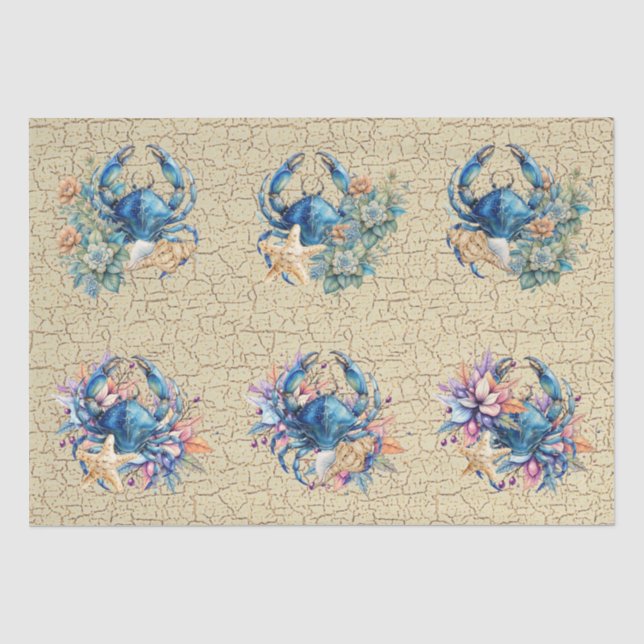 Papel De Seda Floral Costeiro de Praia Caranguejo Azul e Conchas (Frente )