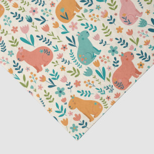 Papel de Seda Floral de Capivara Desenhado à Mão