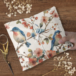 Papel De Seda Floral de Pássaro Azul em Aquarela Vintage