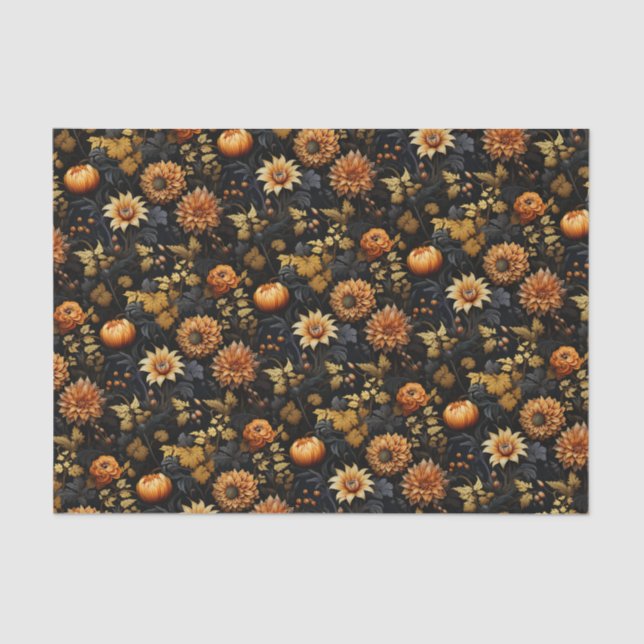 Papel De Seda Floral de Queda Negra Laranja Elegante (Frente )