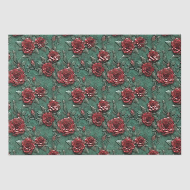 Papel De Seda Floral de Rosas vermelhas Verdes (Frente )
