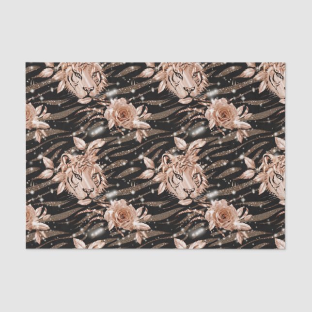 Papel De Seda Floral de Tigre Dourado Rosa preto (Frente )