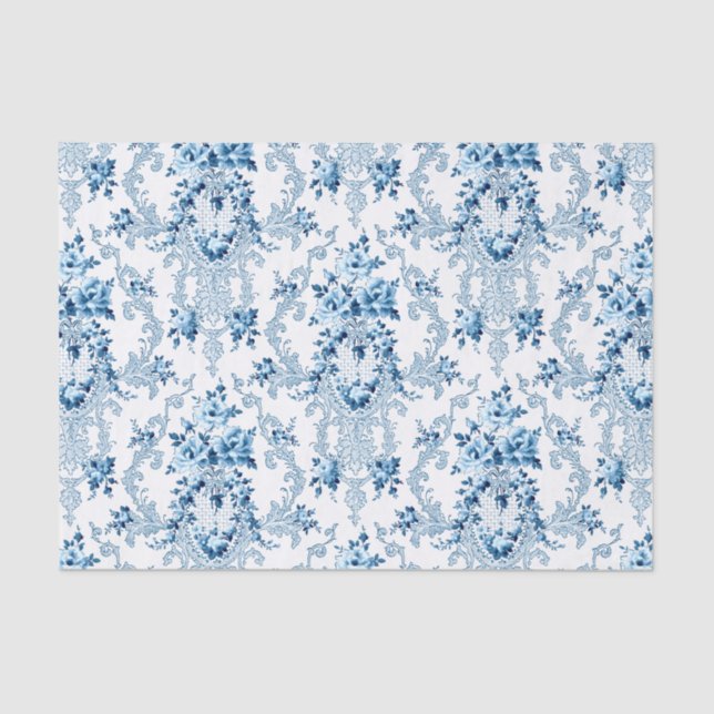 Papel De Seda Floral do Rococo Francês Branco e Azul (Frente )