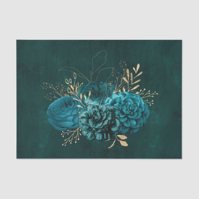 Papel De Seda Floral Dourado Rústico Teal (Frente )