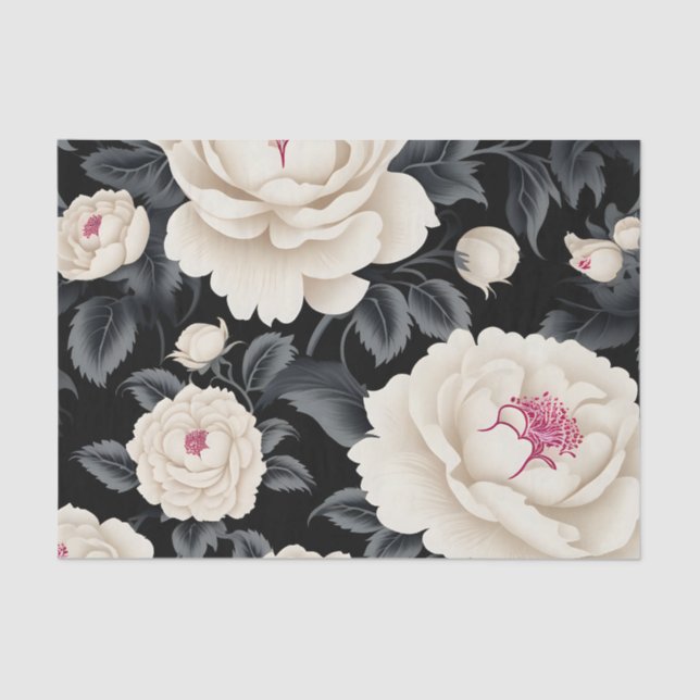 Papel De Seda Floral Elegante Preto E De Marfim (Frente )