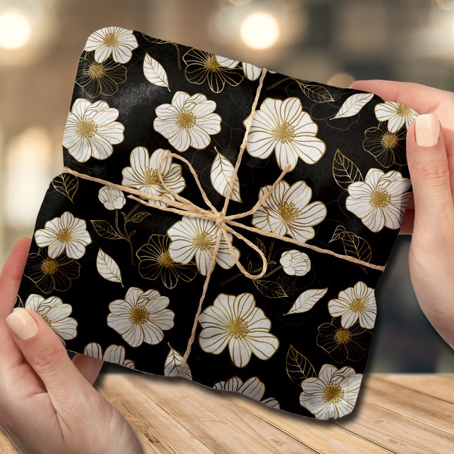 Papel De Seda Floral em Ouro Branco sobre Preto (Criador carregado)