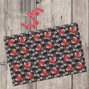 Papel De Seda Floral Gótico Branco Preto com Borboletas Vermelha