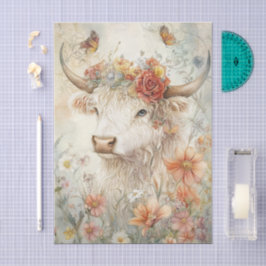 Papel De Seda Floral Highland Cow Vintage Illustration Decoupage