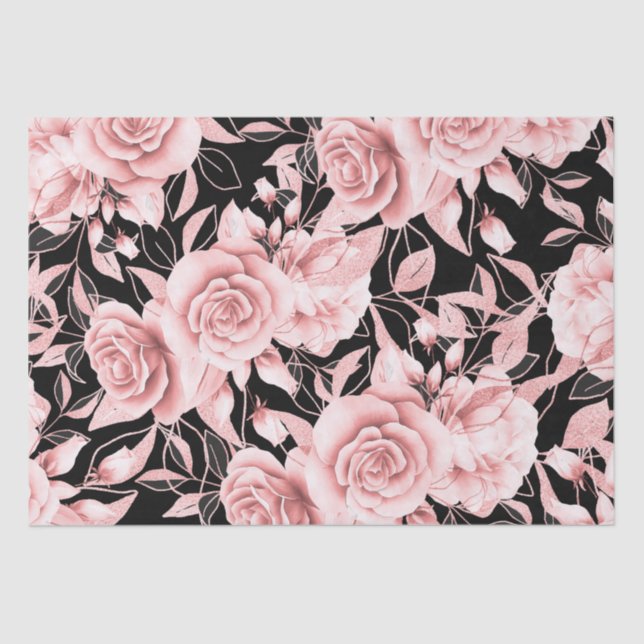 Papel De Seda Floral preto rosa Dourado com brilho (Frente )